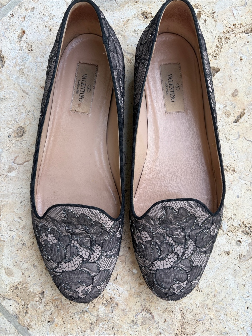 Valentino Black Lace Flats with Nude Insole